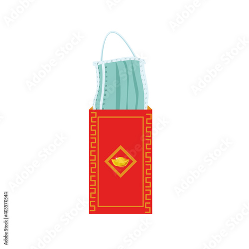 Medical face mask inside Chinese red envelope or Ang pao isolated on white background. Flat vector illustration. Happy Chinese new year concept.