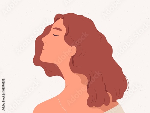 Calm and peaceful woman dreaming or thinking. Profile portrait of reflective young lady in her thoughts. Flat cartoon colorful vector illustration isolated on textured background