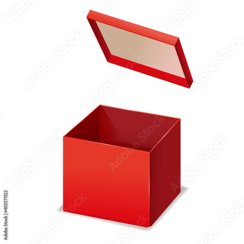 Red box opened, paper, cardboard. Vector template isolated mockup for design products