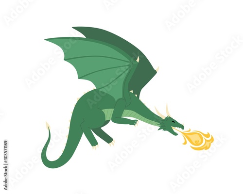 Green mythical dragon blowing fire vector flat illustration. Medieval dangerous creature with wings and horns isolated on white. Angry powerful fantasy monster. Scary flying beast