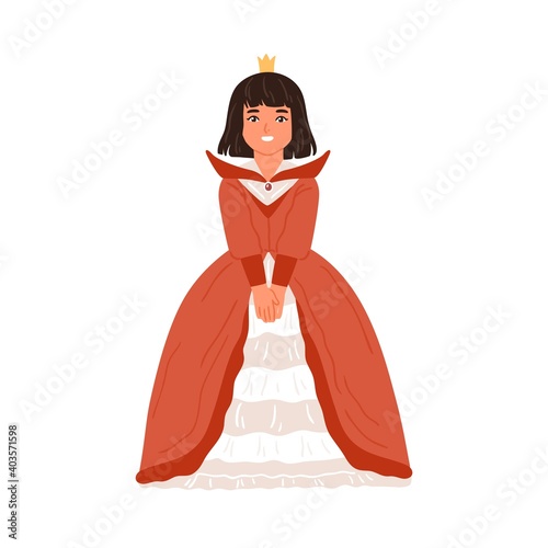 Happy little girl in princess or queen gown vector flat illustration. Smiling...