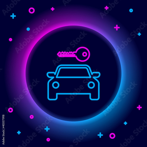 Glowing neon line Car rental icon isolated on black background. Rent a car sign. Key with car. Concept for automobile repair service, spare parts store. Colorful outline concept. Vector.