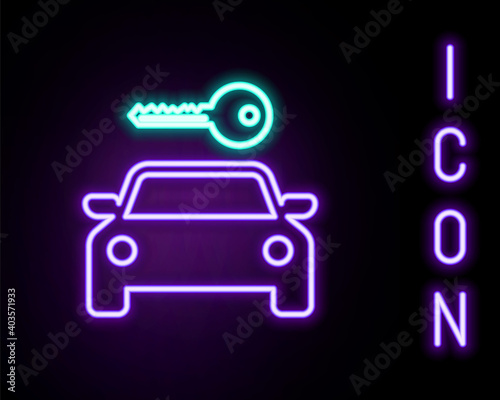 Glowing neon line Car rental icon isolated on black background. Rent a car sign. Key with car. Concept for automobile repair service, spare parts store. Colorful outline concept. Vector.