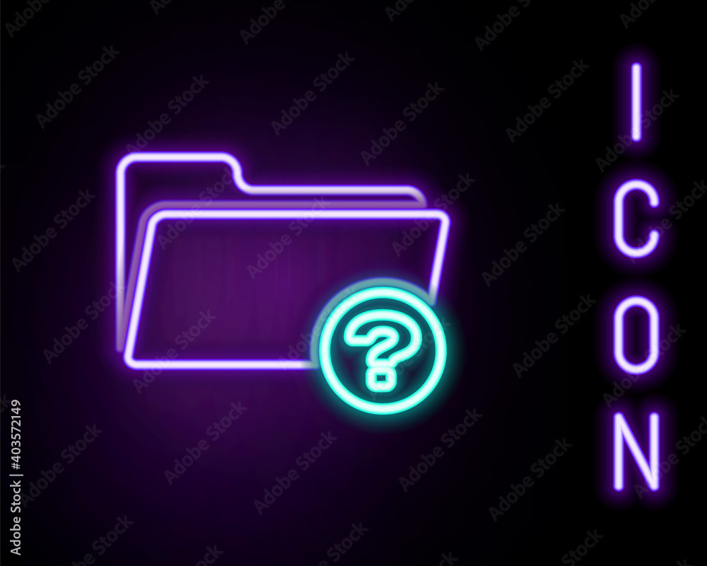 Glowing neon line Unknown directory icon isolated on black background. Magnifying glass and folder. Colorful outline concept. Vector. Glowing neon line Unknown directory icon isolated on black background. Magnifying glass and folder. Colorful outline concept. Vector.