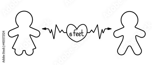 Social distance. Silhouettes of people in love with a heart and an arrow between them. Distance 6 feet. Measures taken due to the spread of the coronavirus infection COVID-19. Vector icons. Isolated.