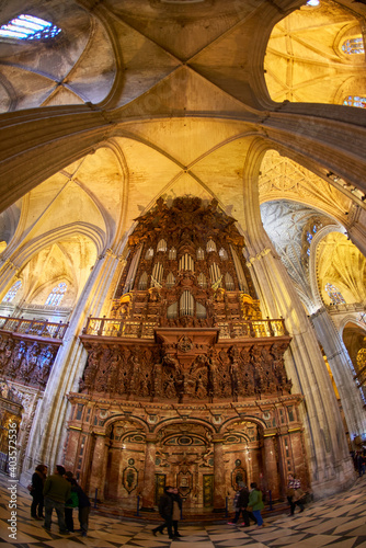 Seville, Andalusia, Spain, Europe. Pipe organ in the Cathedral of Seville also known as Cathedral of Santa Maria.