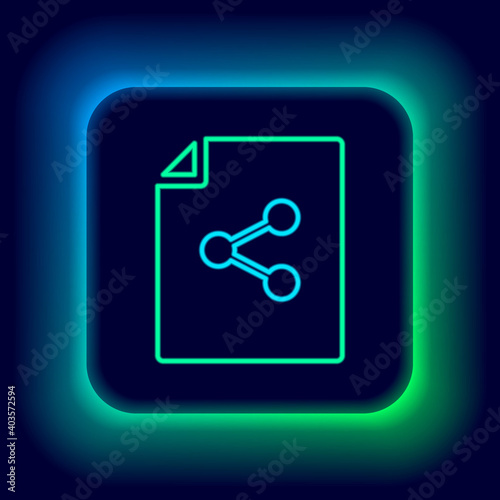 Glowing neon line Share file icon isolated on black background. File sharing. File transfer sign. Colorful outline concept. Vector.