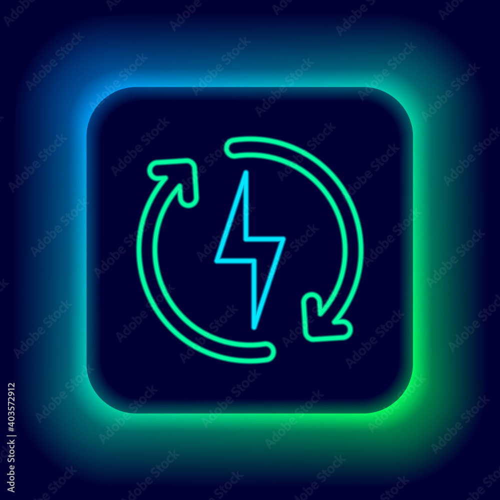 Glowing neon line Recharging icon isolated on black background. Electric energy sign. Colorful outline concept. Vector. Glowing neon line Recharging icon isolated on black background. Electric energy sign. Colorful outline concept. Vector.