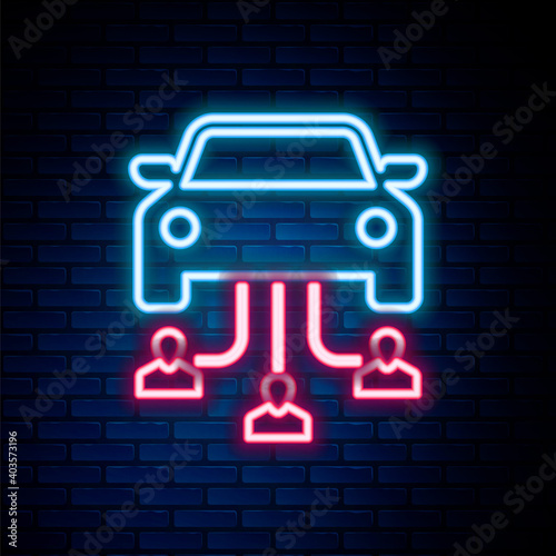 Glowing neon line Car sharing with group of people icon isolated on brick wall background. Carsharing sign. Transport renting service concept. Colorful outline concept. Vector.