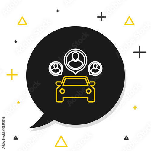 Line Car sharing with group of people icon isolated on white background. Carsharing sign. Transport renting service concept. Colorful outline concept. Vector.