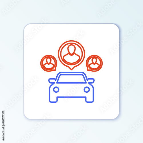 Line Car sharing with group of people icon isolated on white background. Carsharing sign. Transport renting service concept. Colorful outline concept. Vector.
