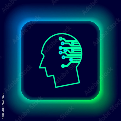 Glowing neon line Bitcoin think icon isolated on black background. Cryptocurrency head. Blockchain technology, bitcoin, digital money market, cryptocoin wallet. Colorful outline concept. Vector.