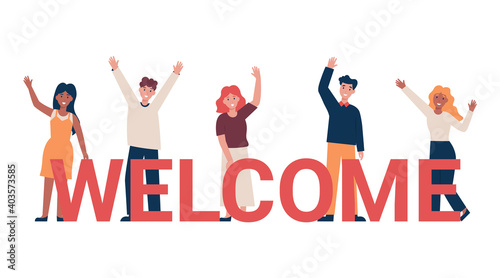 Set of different nationality people greeting gesture, waving hand. Concept new team member. Flat vector cartoon illustration.