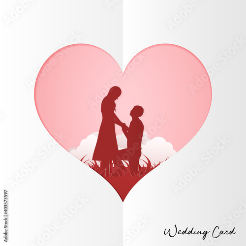 Illustration Young couple dating in Valentine day , Man kneeling to propose married to woman . Paper Sculpture art Style , Wedding Card Vector