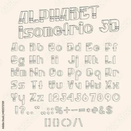 Vector isometric 3d font. Black-white collection of letters, numbers and punctuation marks