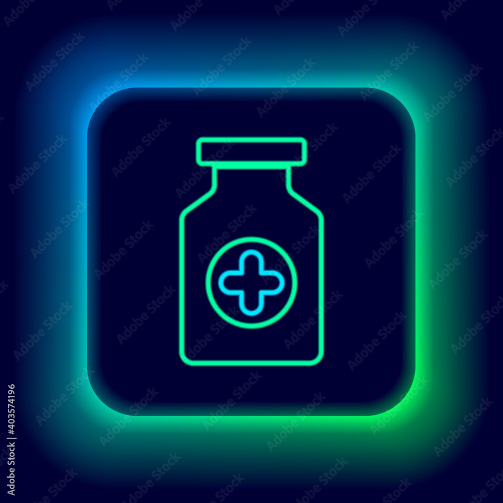 Glowing neon line Medicine bottle icon isolated on black background. Bottle pill sign. Pharmacy design. Colorful outline concept. Vector. Glowing neon line Medicine bottle icon isolated on black background. Bottle pill sign. Pharmacy design. Colorful outline concept. Vector.