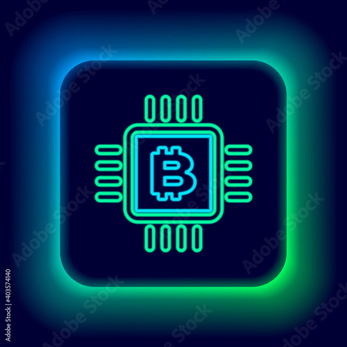 Glowing neon line CPU mining farm icon isolated on black background. Bitcoin sign inside microchip. Cryptocurrency mining community. Digital money. Colorful outline concept. Vector.