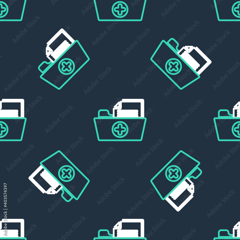 Line Medical health record folder for healthcare icon isolated seamless pattern on black background. Patient file icon. Medical history symbol. Vector. Line Medical health record folder for healthcare icon isolated seamless pattern on black background. Patient file icon. Medical history symbol. Vector.