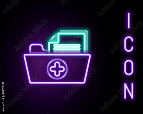 Glowing neon line Medical health record folder for healthcare icon isolated on black background. Patient file icon. Medical history symbol. Colorful outline concept. Vector.