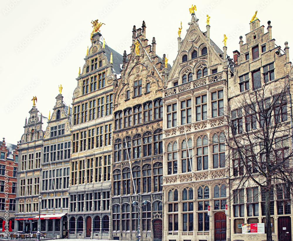 Historic houses at the market square in Antwerp, Belgium
