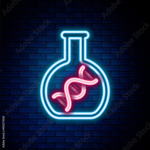 Glowing neon line DNA research, search icon isolated on brick wall background. Genetic engineering, genetics testing, cloning, paternity testing. Colorful outline concept. Vector.