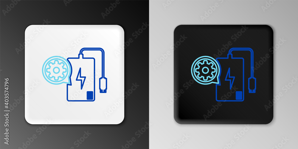 Line Power bank with charge cable and gear icon isolated on grey background. Adjusting app, service concept, setting options, maintenance, repair. Colorful outline concept. Vector. Line Power bank with charge cable and gear icon isolated on grey background. Adjusting app, service concept, setting options, maintenance, repair. Colorful outline concept. Vector.