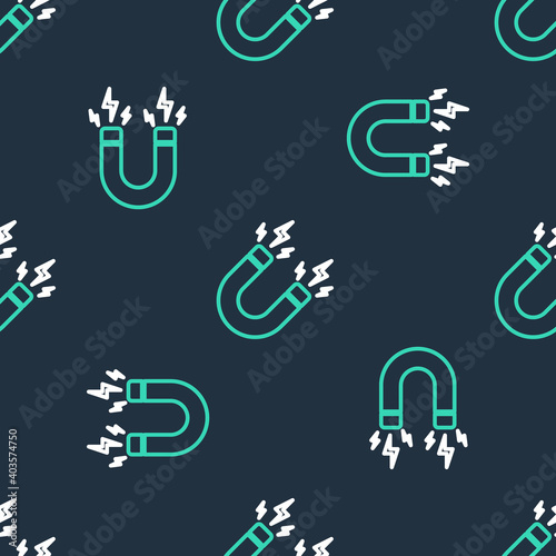 Line Magnet with lightning icon isolated seamless pattern on black background. Horseshoe magnet, magnetism, magnetize, attraction sign. Vector.