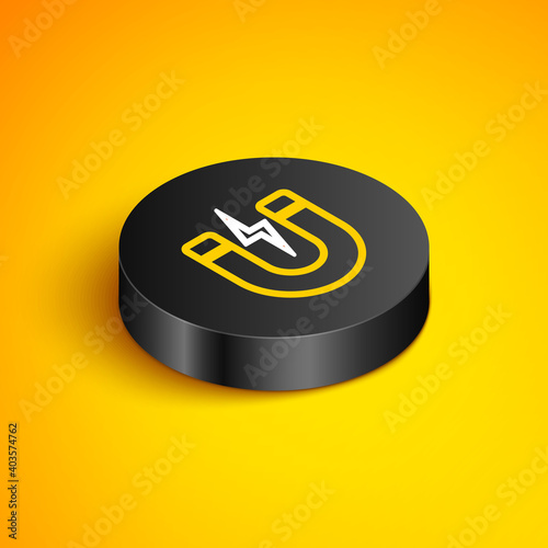 Isometric line Magnet with lightning icon isolated on yellow background. Horseshoe magnet, magnetism, magnetize, attraction sign. Black circle button. Vector.