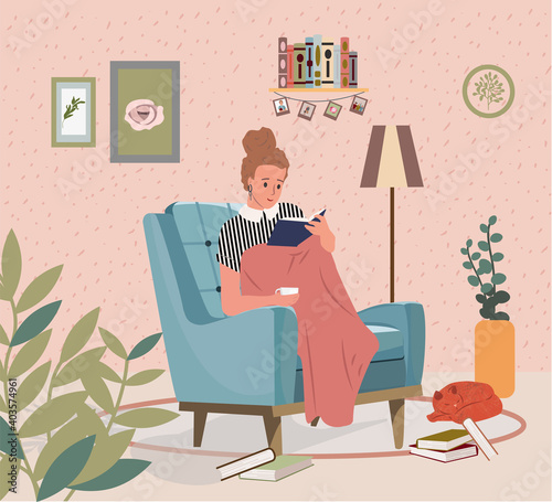 Relaxed woman girl reading book and sitting in comfy chair with a cat and coffee vector flat illustration. Female covering plaid in cozy home interior. Time for yourself and relaxation atmosphere