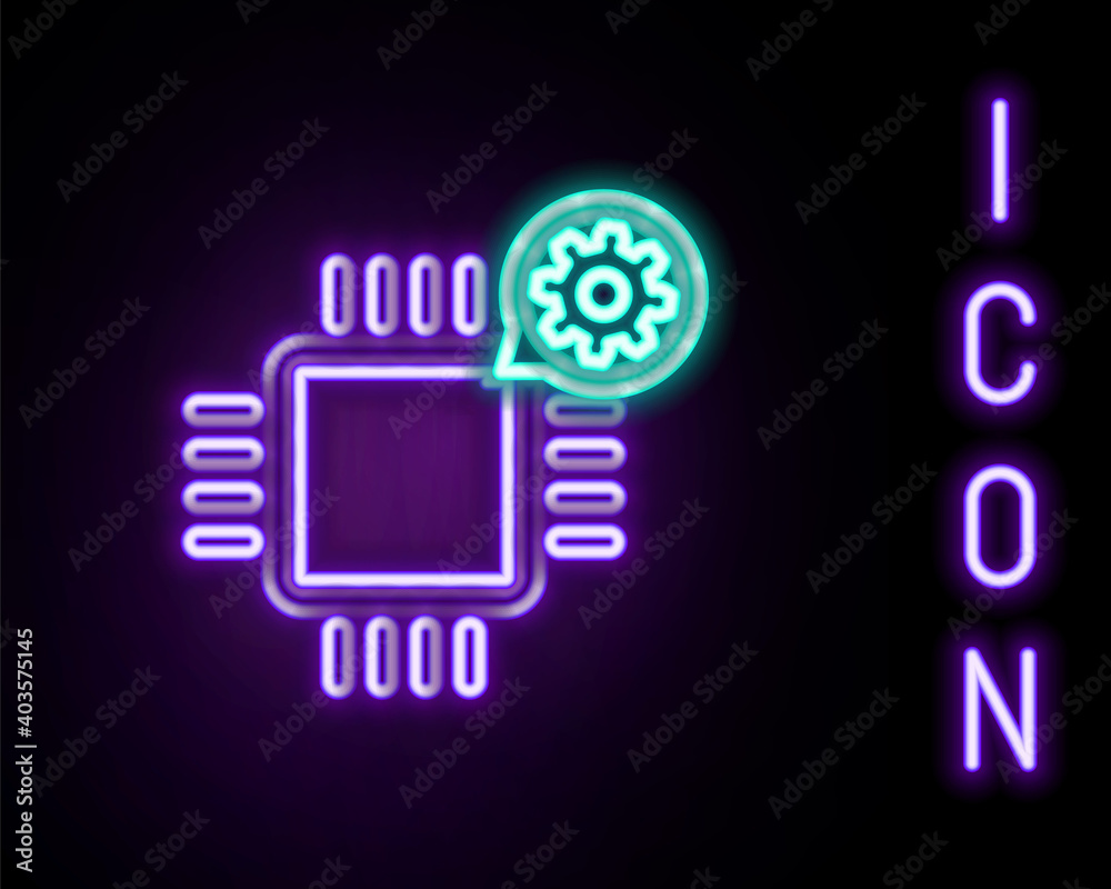 Glowing neon line Processor and gear icon isolated on black background. CPU, chip service concept. Adjusting app, setting options, maintenance, repair, fixing. Colorful outline concept. Vector. Glowing neon line Processor and gear icon isolated on black background. CPU, chip service concept. Adjusting app, setting options, maintenance, repair, fixing. Colorful outline concept. Vector.