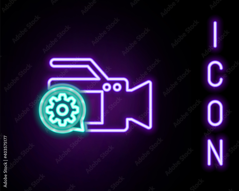 Glowing neon line Video camera and gear icon isolated on black background. Adjusting app, service concept, setting options, maintenance, repair, fixing. Colorful outline concept. Vector.