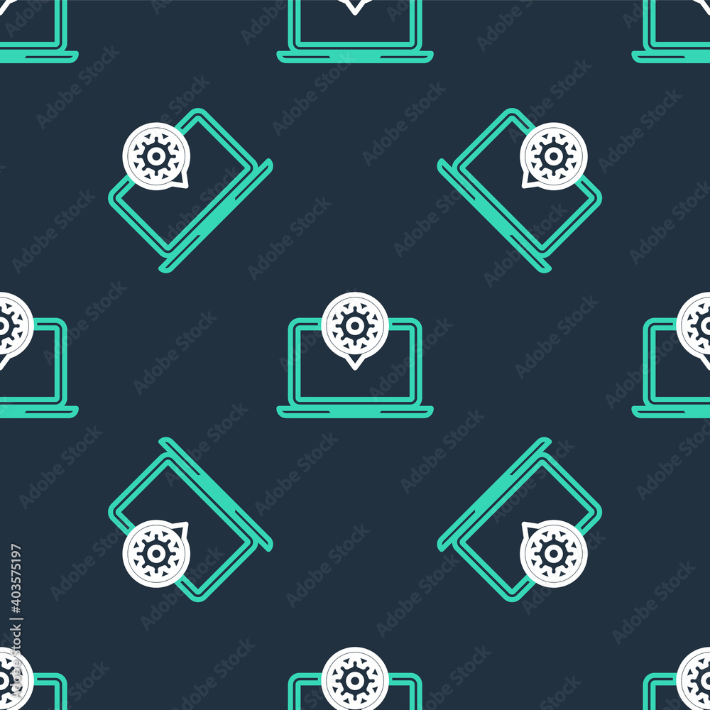 Line Laptop and gear icon isolated seamless pattern on black background. Laptop service concept. Adjusting app, setting options, maintenance, repair, fixing. Vector. Line Laptop and gear icon isolated seamless pattern on black background. Laptop service concept. Adjusting app, setting options, maintenance, repair, fixing. Vector.