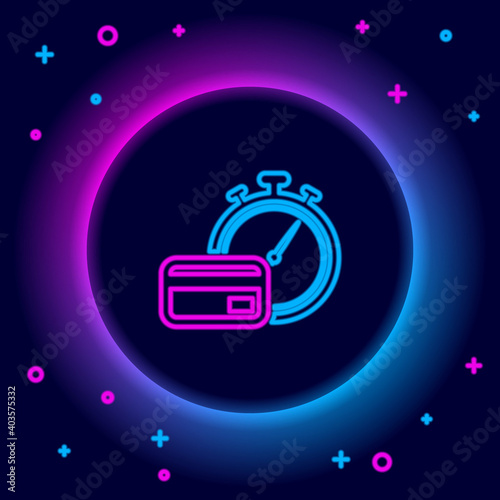 Glowing neon line Fast payments icon isolated on black background. Fast money transfer payment. Financial services, fast loan, time is money, cash back concept. Colorful outline concept. Vector.