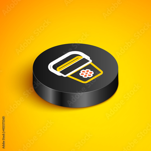 Isometric line Cooler bag icon isolated on yellow background. Portable freezer bag. Handheld refrigerator. Black circle button. Vector.