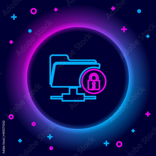 Glowing neon line FTP folder and lock icon isolated on black background. Concept of software update, ftp transfer protocol. Security, safety, protection concept. Colorful outline concept. Vector.