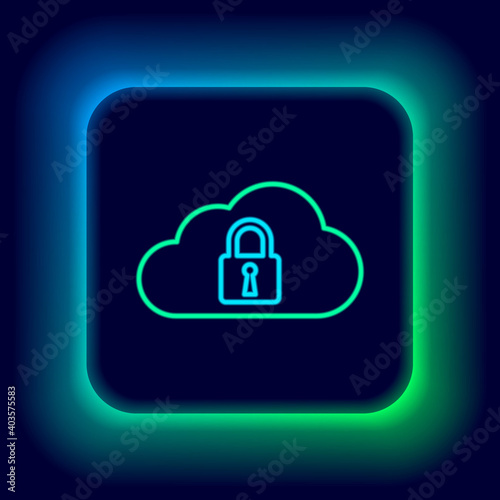 Glowing neon line Cloud computing lock icon isolated on black background. Security, safety, protection concept. Colorful outline concept. Vector.