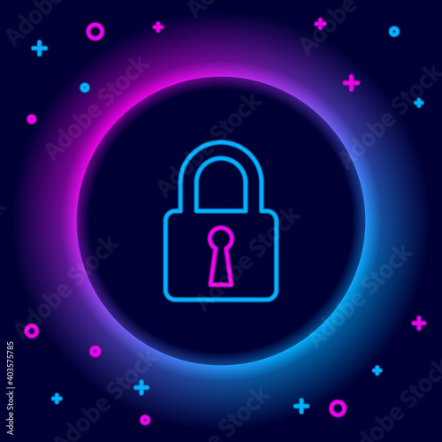 Glowing neon line Lock icon isolated on black background. Closed padlock sign. Cyber security concept. Digital data protection. Safety safety. Colorful outline concept. Vector.