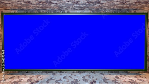 Virtual set display background. Old rusted dirty walls with flaking paint chips and mold. Solid Blue screen banner  . 3d rendering illustration. photo