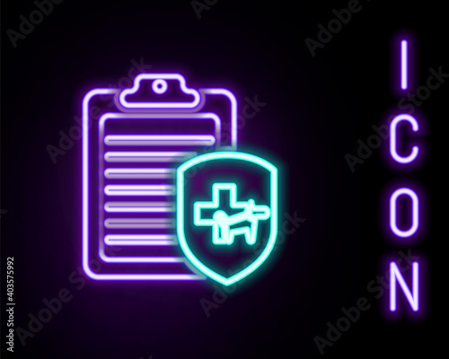 Glowing neon line Clipboard with medical clinical record pet icon isolated on black background. Health insurance form. Medical check marks report. Colorful outline concept. Vector.
