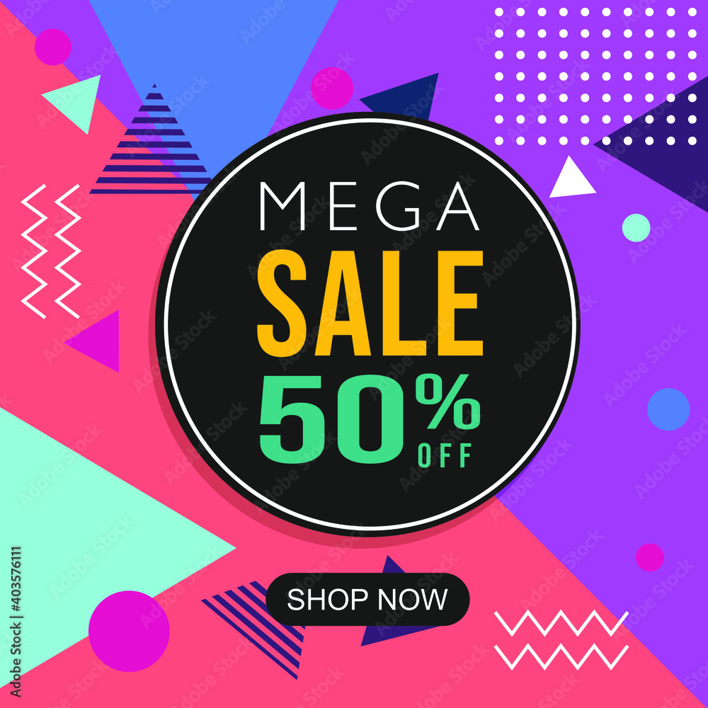 Fototapeta premium Mega sale modern banner template design. Vector stock illustration for social media. Memphis Style, discounts, bright colors