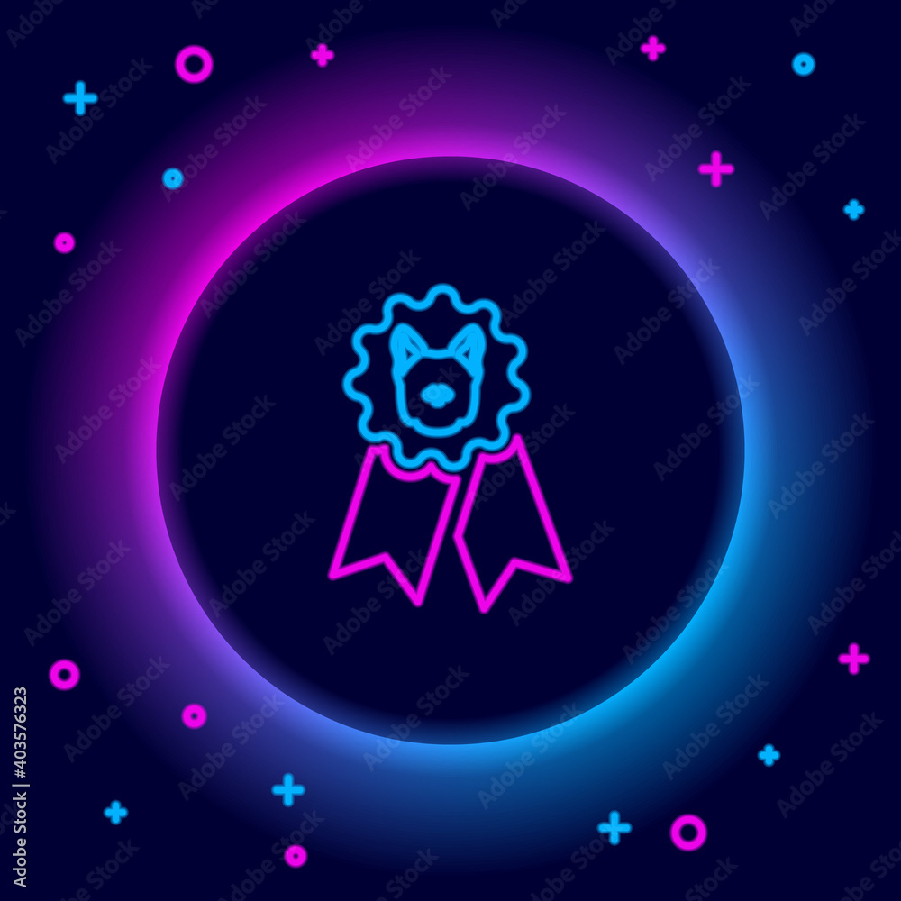 Glowing neon line Dog award symbol icon isolated on black background. Medal with dog footprint as pets exhibition winner concept. Colorful outline concept. Vector.