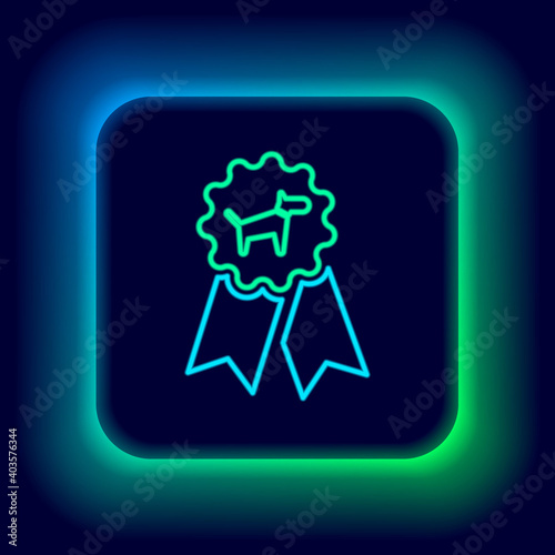 Glowing neon line Dog award symbol icon isolated on black background. Medal with dog footprint as pets exhibition winner concept. Colorful outline concept. Vector.