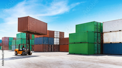 Canvas Print Container stacking cargo with forklift truck working in shipping harbor