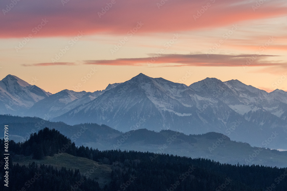 Niesen in the Bernese Alps seen from Emmental at sunset