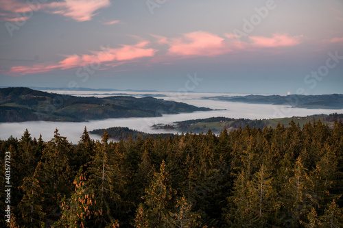 hills of Emmental at an autumn sunset with sea of fog