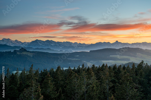 Niesen and Stockhorn in the Bernese Alps seen from Emmental at sunset