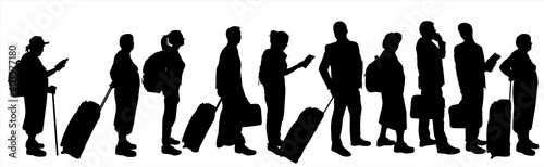 Line of ten adults. Black silhouette of a man, guy, girl, woman, grandmother, senior woman. People stand one after another in one line. Passengers with baggage, carry-on luggage, suitcase on wheels.