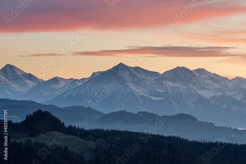 Niesen in the Bernese Alps seen from Emmental at sunset