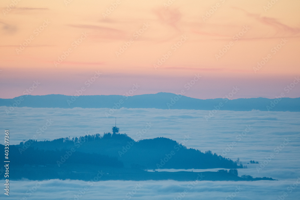 Gurten over sea of fog at sunset Gurten over sea of fog at sunset