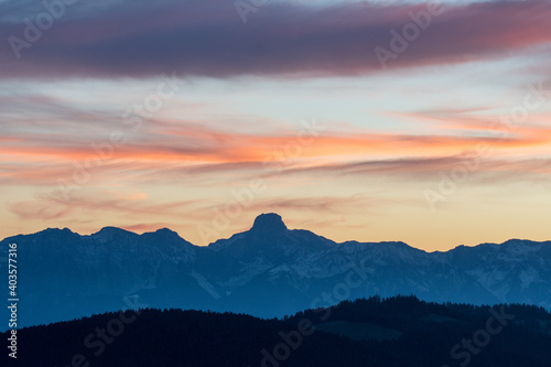 peaks Stockhorn at an autumn sunset with hills of emmental
